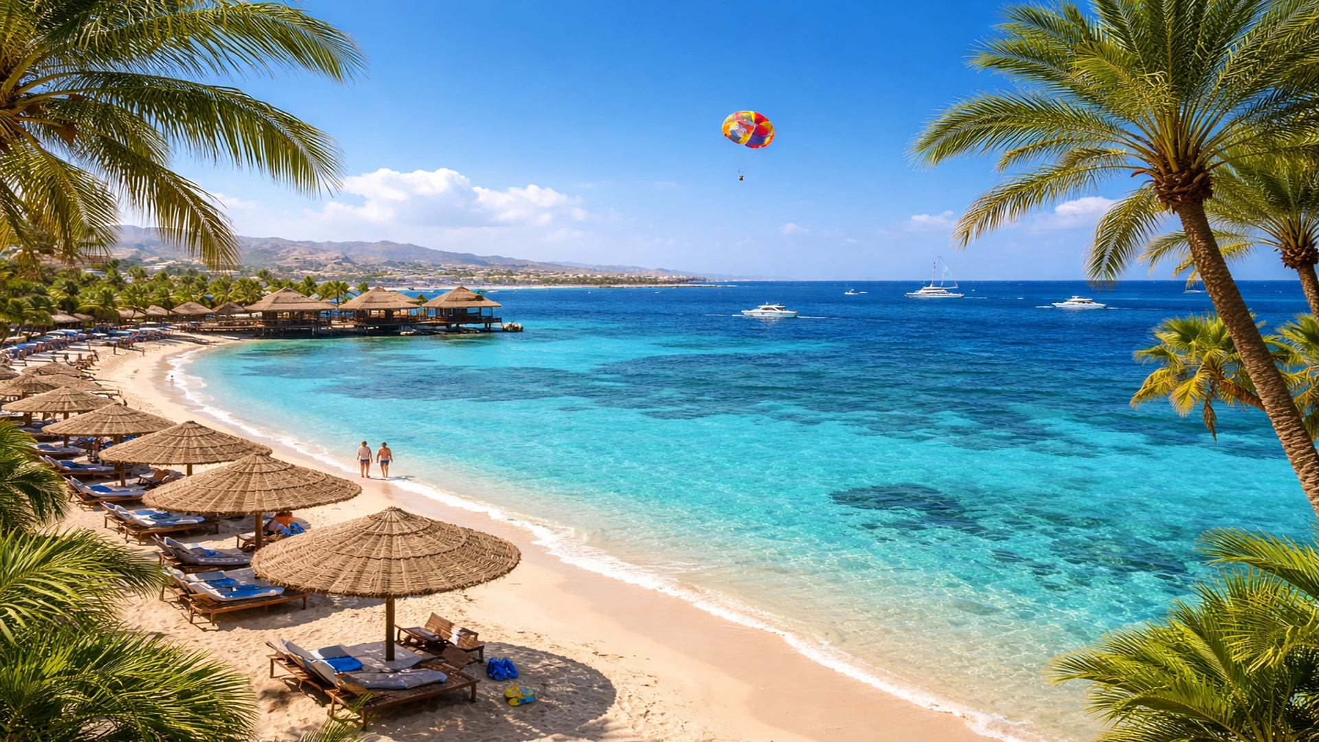 Hurghada Red Sea beach with palm trees and boats