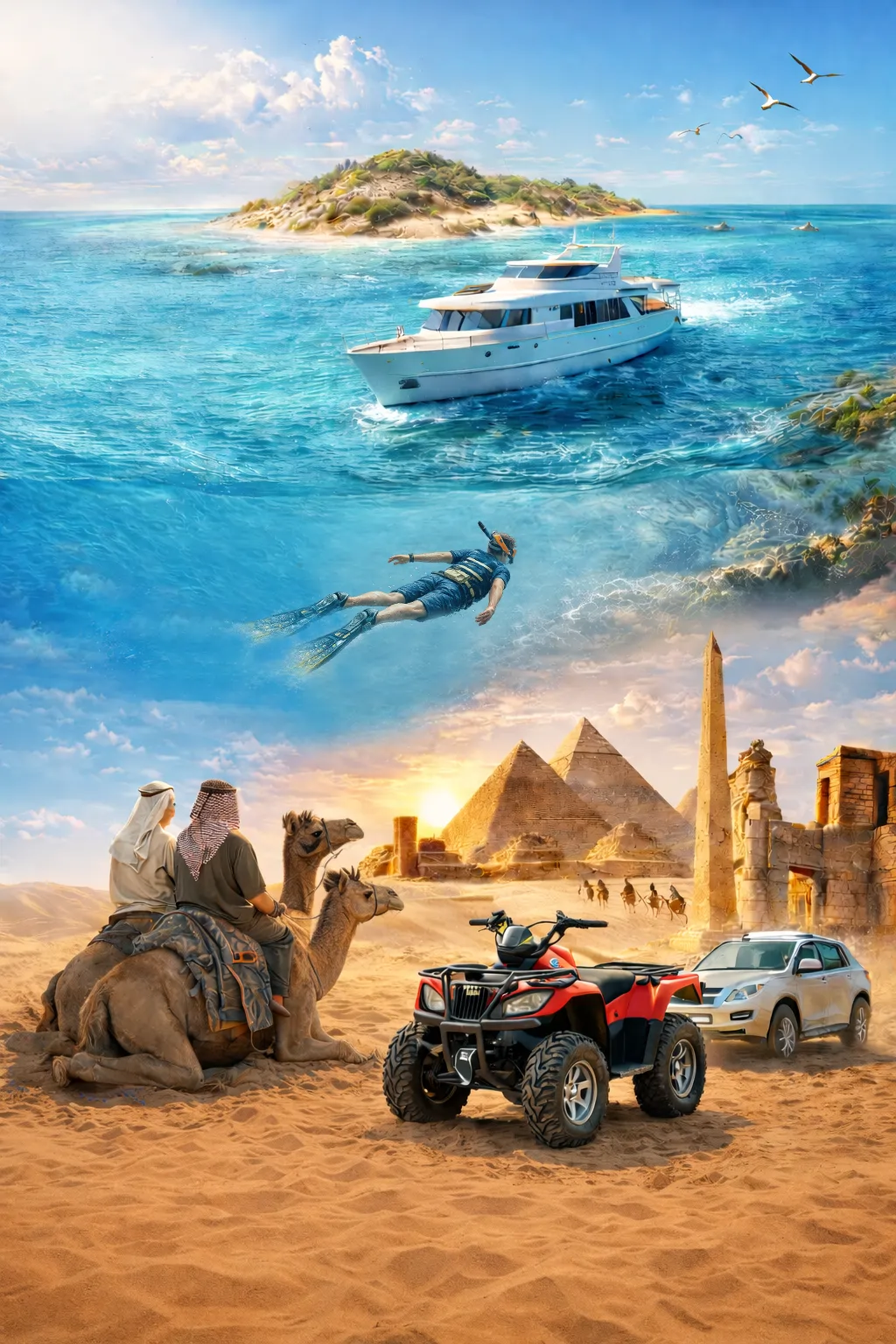 Hurghada tour collage: Red Sea boat, snorkeling, desert safari, pyramids